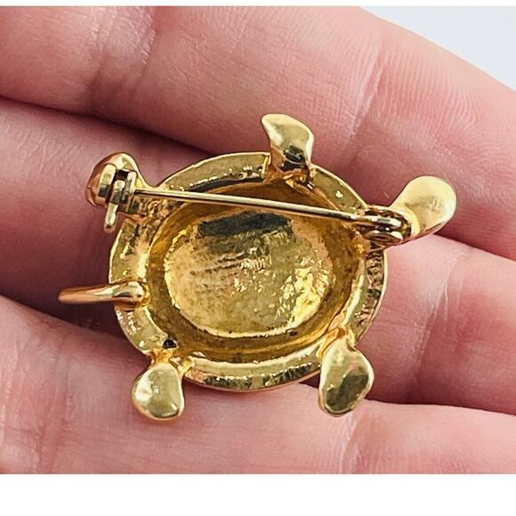 Vintage Turtle Pin Brooch Rhinestones Blue Enamel Shell 1.5" Pave Style Goldtone - Picture 7 of 10